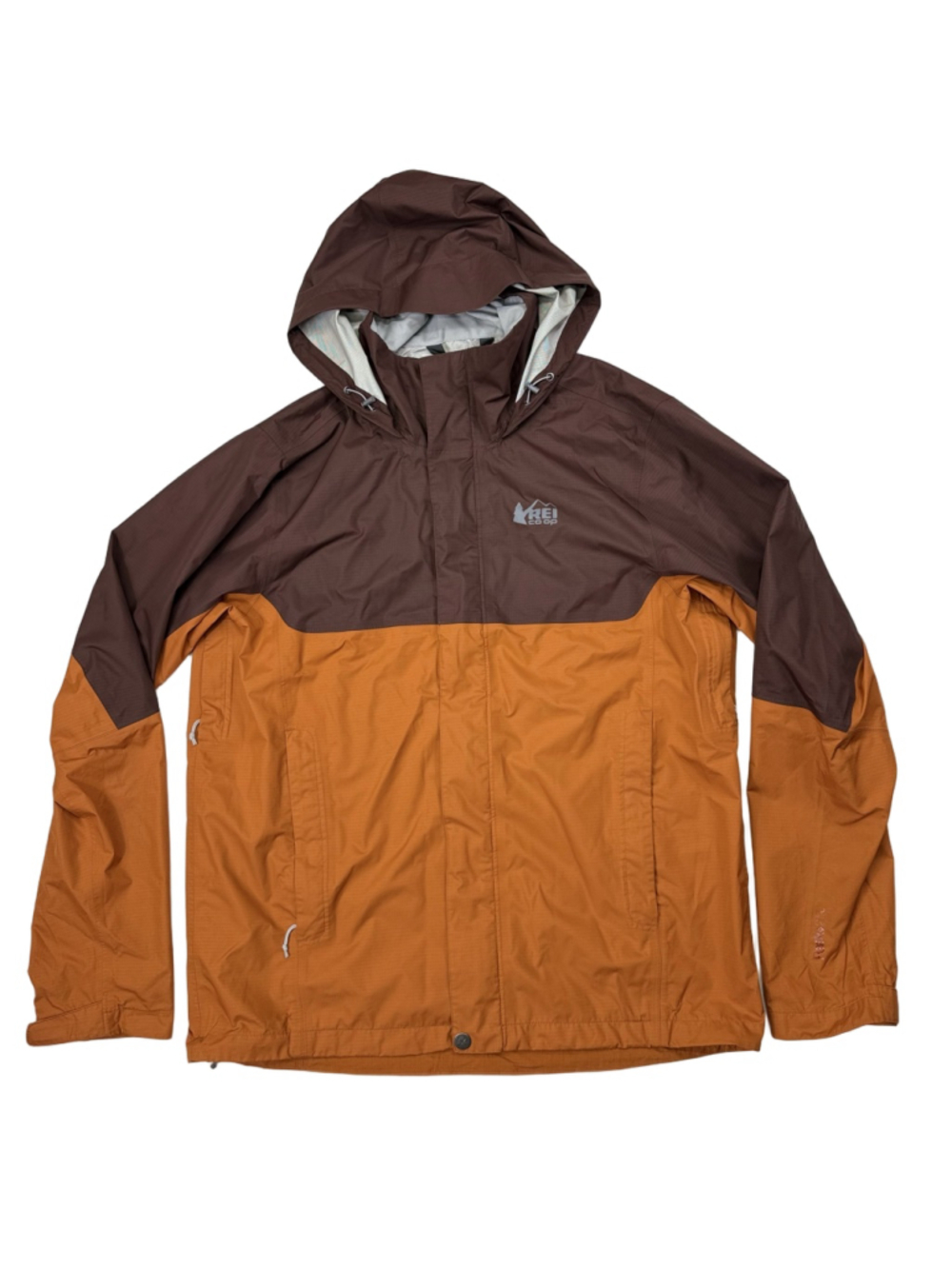 Men's REI Co-op Raincoat Medium Brown Orange Peak 2.5L Waterproof Hooded